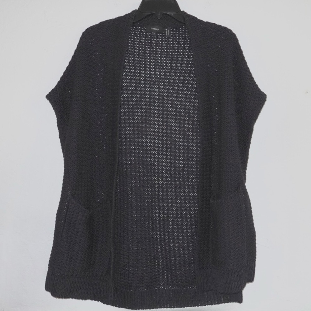 Theory Open Knit Cotton Cardigan – Size P,‎ Black, Sleeveless with Pockets